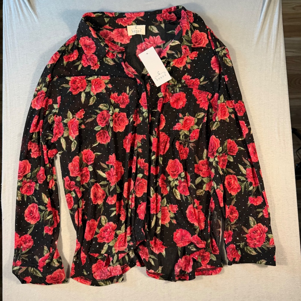 NEW Ember Womens 3X Red Rose Floral Rhinestone Mesh Button Down Shirt